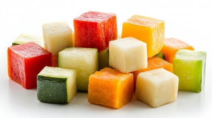 Colorful assortment of fresh fruit cubes on a white background
