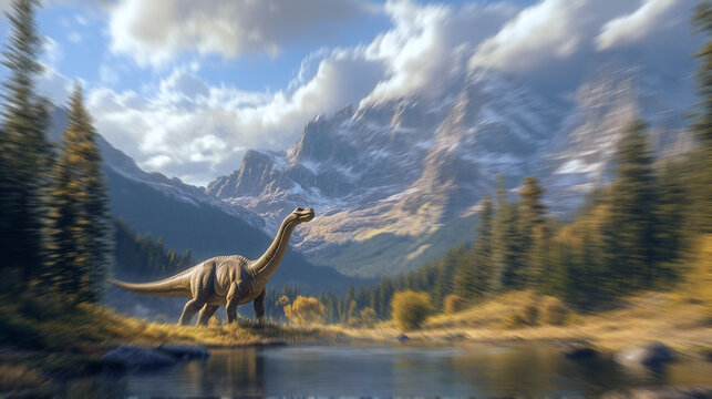 A Camarasaurus dinosaur in a scenic landscape.