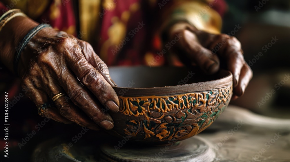 Poster close-up of potter's hands smooth the surface of an intricately designed clay bowl in a workshop set