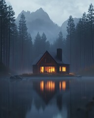 Obraz premium Secluded Log Cabin Retreat in the Misty Mountain Forest at Dusk