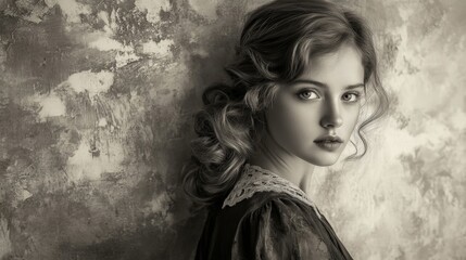 Vintage Portrait of Young Woman with Soft Curls and Pensive Expression