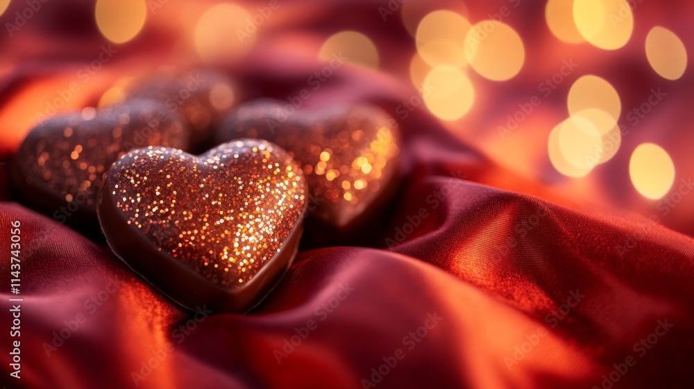 Aufkleber glimmering heart shapes on red fabric with soft bokeh lights