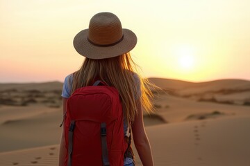 Adventurous solo hiker watching sunset desert landscape photography warm atmosphere wide angle exploration