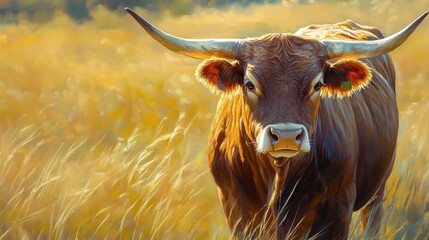Great horned cow grazing in golden sunlight on a warm day in a grassy field