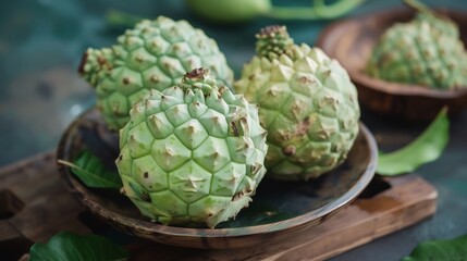 Obraz premium Fresh Green Atemoya Fruits on Rustic Wooden Plate: A Tropical Delight