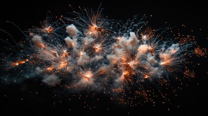 Multiple fireworks exploding in unison, creating a dynamic and celebratory scene.