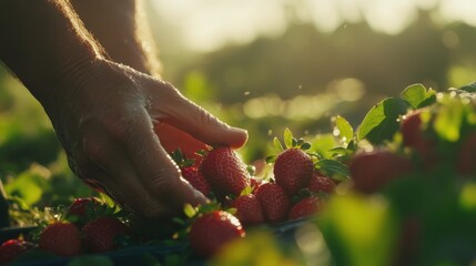 Close-up view of a farmer's hands carefully picking ripe strawberries during golden hour in a lush field