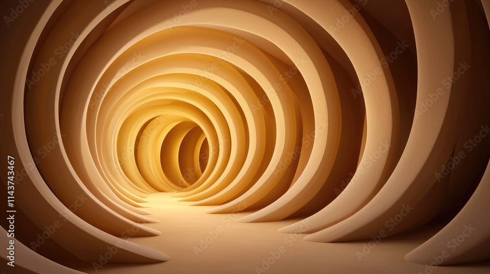 Poster exploring a spiral tunnel abstract architecture digital art warm lighting perspective view depth and