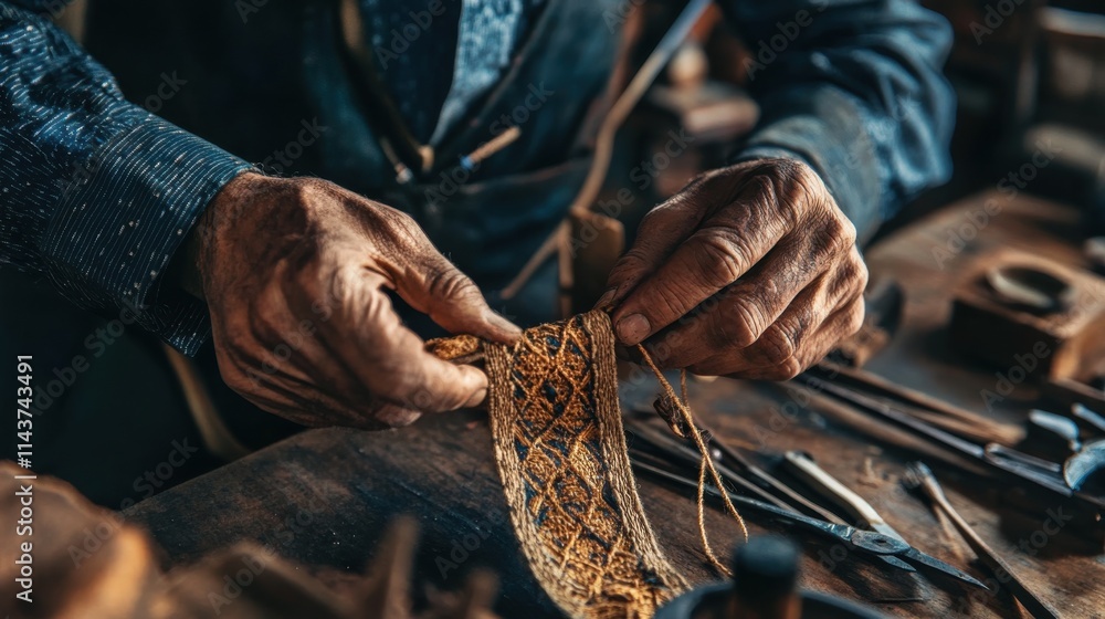 Poster craftsman skillfully weaving intricate patterns with hands in a workshop filled with tools