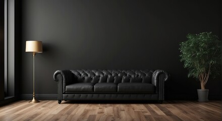 Obraz premium Black Leather Chesterfield Sofa In Dark Room Setting