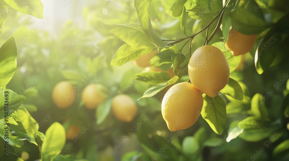 Poster close-up view of vibrant lemon fruit on tree branches illuminated by sunlight in a lush, green orcha
