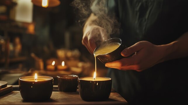 Craftsman pouring scented wax into candles during a late evening workshop