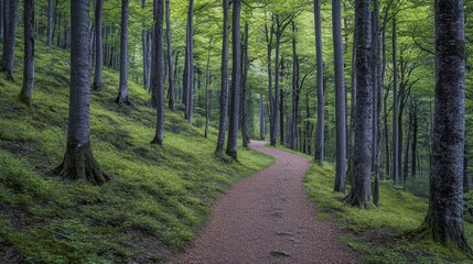 Fototapeta premium A peaceful vector forest trail with empty space at the top for text, showcasing lush greenery, towering trees, and a winding path. Perfect for nature quotes or outdoor adventure promotions. 