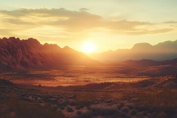 Fototapeta premium Panoramic mountain landscape golden hour sunlight rugged peaks misty valleys