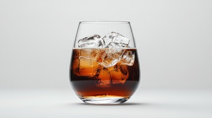 Refreshing beer served in a transparent glass, featuring dark amber hues, condensation, and floating ice.