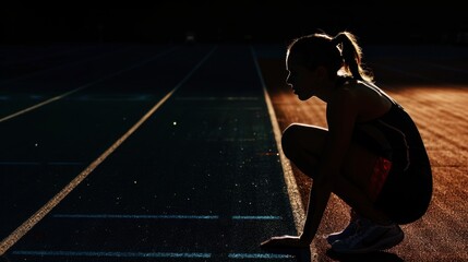 A female athlete poised at the starting line on a track, with focused determination and a dark background emphasizing her stance. Artificial lighting focused on the athlete.