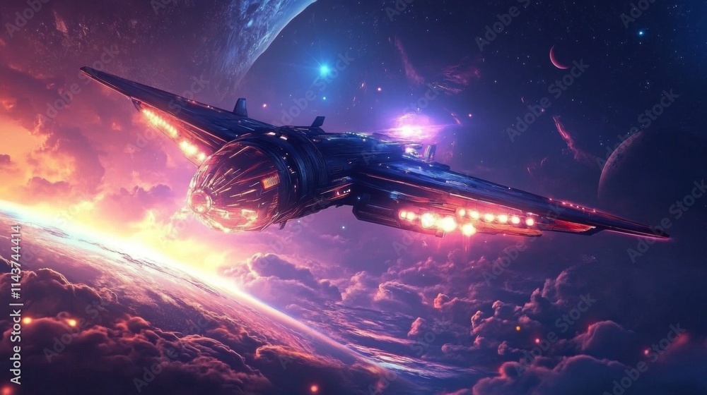 Poster futuristic spaceship soaring through vibrant nebula and planet.