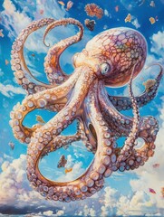 Naklejka premium Enormous flying octopus with glowing, glass-like tentacles spiraling gracefully through a vibrant skyscape. Generative Ai