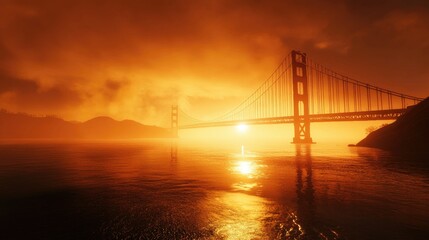 Fototapeta premium The Golden Gate Bridge at dawn, framed by golden light and calm water reflections in the bay.