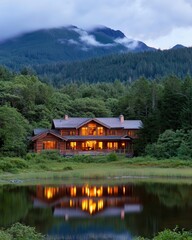 Obraz premium Luxury Log Cabin Retreat Reflected in a Tranquil Mountain Lake at Dusk