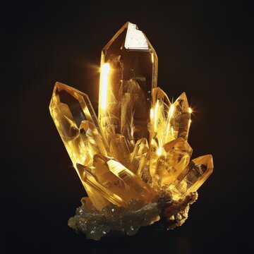 A golden crystal formation with brilliant light reflections, set against a dark background to highlight the crystal&acirc;?Ts structure. Artificial focused lighting.