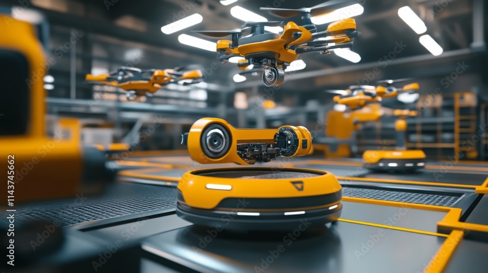 Aufkleber futuristic warehouse with drones and robots automating logistics operations.