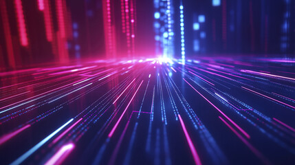 Vibrant glowing lines and geometric shapes create dynamic perspective