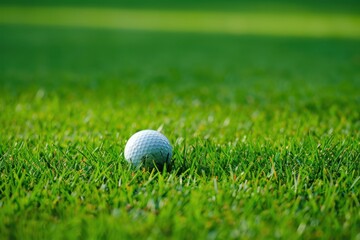 A golf ball on a lush green fairway, captured in a close-up shot, showing detailed texture and vibrant green grass. Natural daylight.