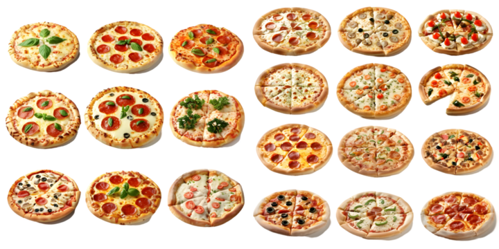 Pizzas collection isolated on a white background. Generative AI.