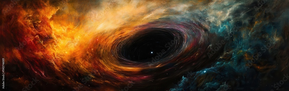 Poster mesmerizing view of a black hole surrounded by vibrant cosmic hues and swirling gases in the depths 