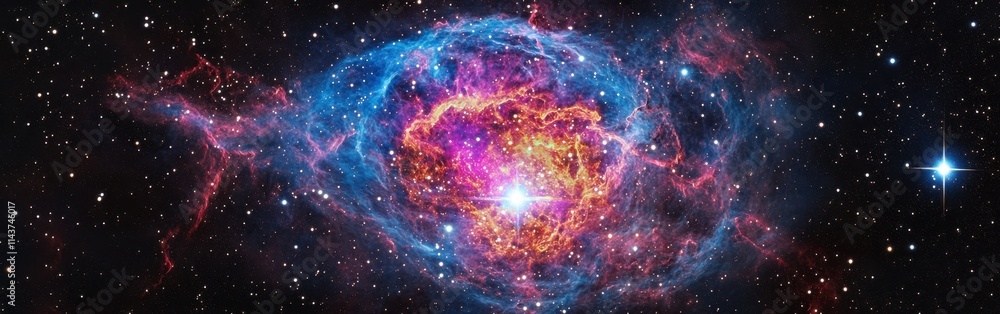 Poster close-up view of a breathtaking supernova displaying brilliant colors and cosmic details in the vast