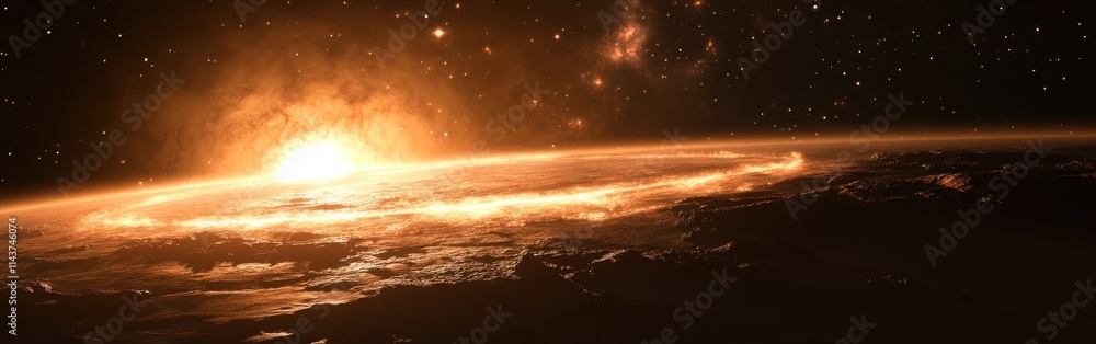 Poster artistic representation of an exoplanet showcasing atmospheric phenomena under a starry backdrop