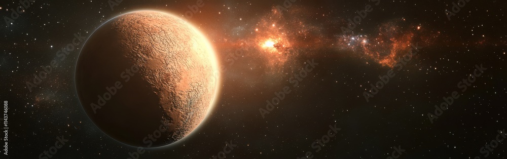Poster artistic representation of an exoplanet surrounded by cosmic phenomena in distant galaxy