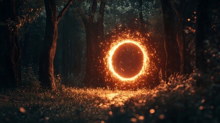 Glowing ring in dark forest.