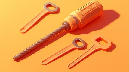 Tools arranged on an orange background with a screwdriver and wrenches in focus for a vivid visual appeal