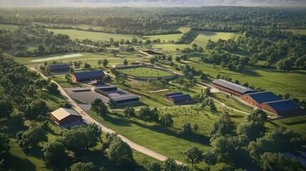 View of a poultry farm with multiple structures and green pastures under a clear sky