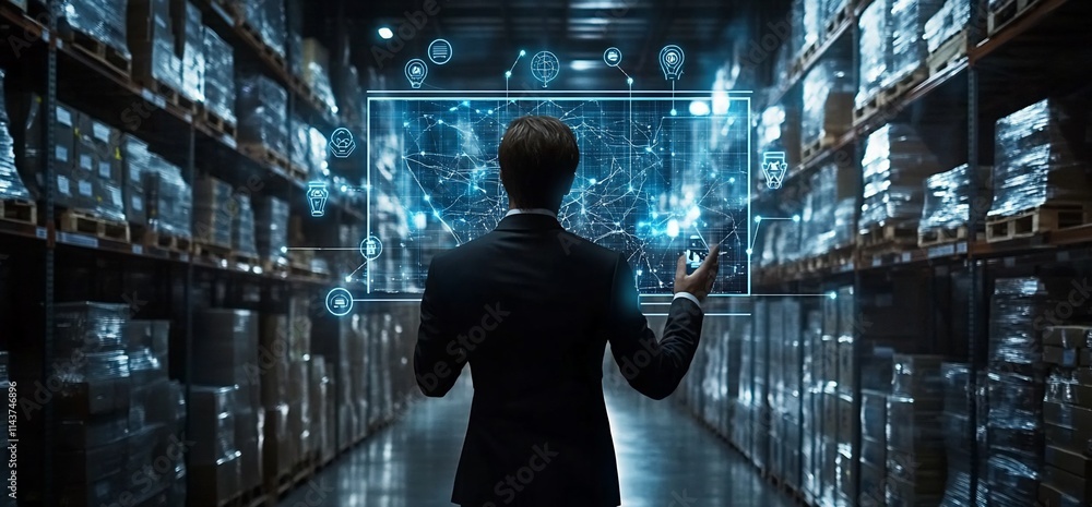 Aufkleber a business professional interacts with a digital interface in a warehouse setting.