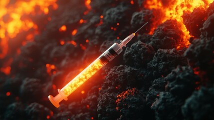 A fiery syringe rests on volcanic rock, creating a striking contrast between medical imagery and natural destruction.