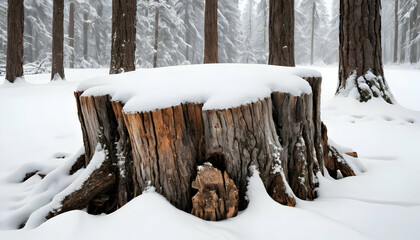 A rustic tree stump layered with soft snow, highlighting natural wood textures and winter beauty. Ideal for seasonal and nature-themed designs.
