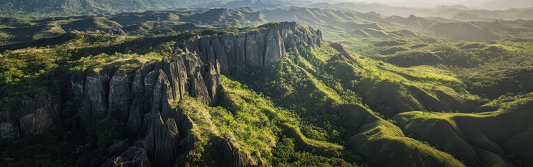 Breathtaking aerial view of Tsingy de Bemaraha at sunrise revealing unique rock formations and lush greenery