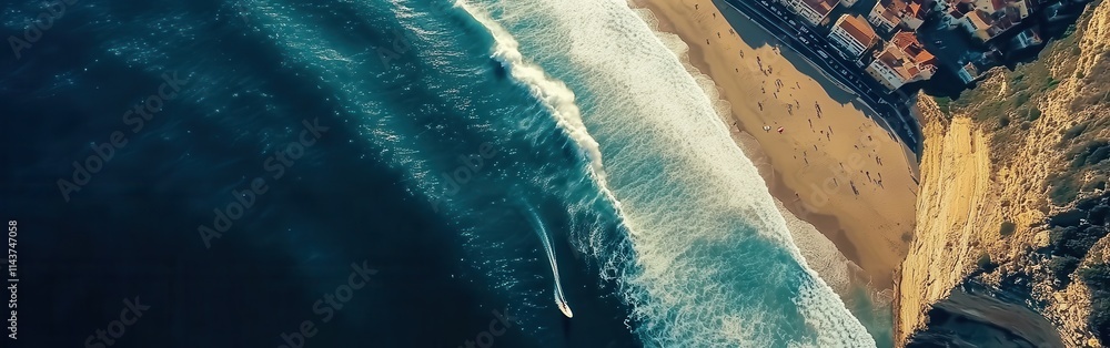 Poster aerial view of a vibrant beach with waves crashing against the shore