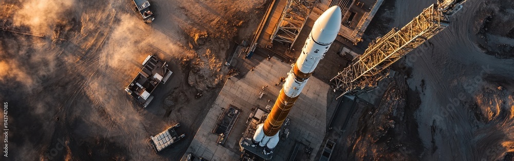 Poster aerial view of a rocket on the launch pad at a spaceport during dusk preparations for a scheduled la