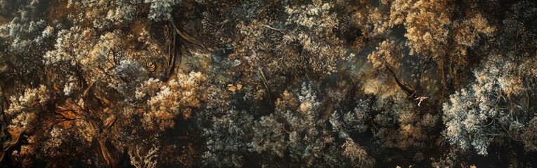 Aerial view showcasing the rich textures and colors of a dense forest during golden hour