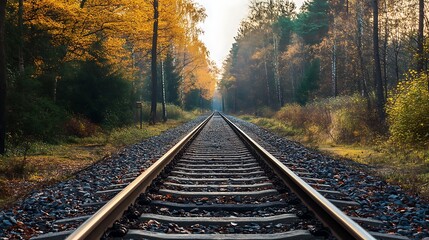 Autumn Forest Railway Tracks. Concept of journey, exploration, and nature.
