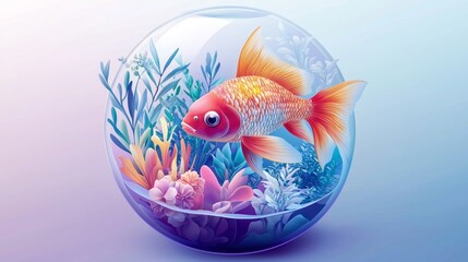 Naklejka premium Colorful goldfish swimming in a beautifully arranged fishbowl surrounded by vibrant aquatic plants