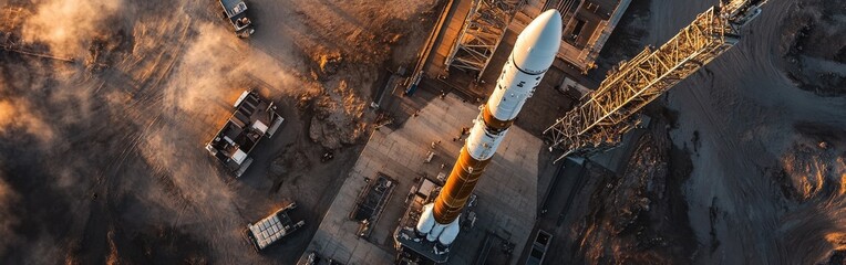 Aerial view of a rocket on the launch pad at a spaceport during dusk preparations for a scheduled launch event
