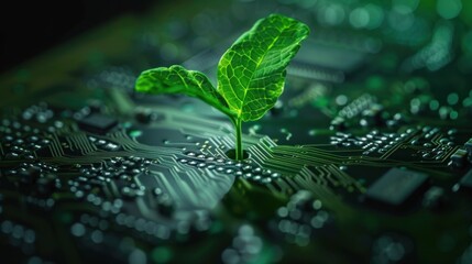 A green seedling growing from a computer chip, symbolizing the fusion of nature and technology. The background is dark to highlight the glowing seedling. Artificial lighting.