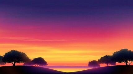 Obraz premium A vibrant vector sunset landscape with empty space at the top for text, showcasing colorful gradients, silhouetted trees, and a serene horizon. Perfect for inspirational quotes or event titles. 
