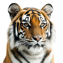 Fototapeta premium Captivating Close-Up Portrait of a Majestic Tiger on a White Background Perfect for Wildlife and Nature-themed Projects and Transparent background.