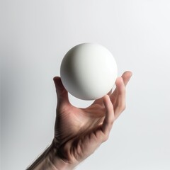 A hand holding a perfect white sphere against a plain background. The sphere is smooth and pristine. Bright diffused lighting.